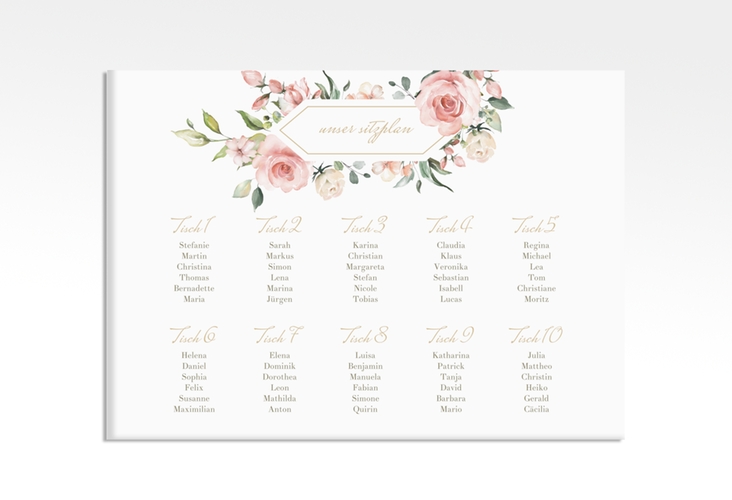 Sitzplan Leinwand Hochzeit Graceful 70 x 50 cm Leinwand weiss mit Rosenblüten in Rosa und Weiß