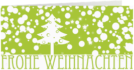 Klick: Details zu Business-Weihnachtskarte "Schneeweiss" anzeigen Business-Weihnachtskarte Schneeweiss lange Klappkarte quer gruen mit Art Déco Schriftzug und Winterlandschaft