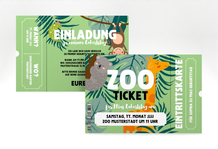 Einladungskarte Kindergeburtstag Zooticket A6 Karte quer mit Giraffe und Dschungel-Tieren