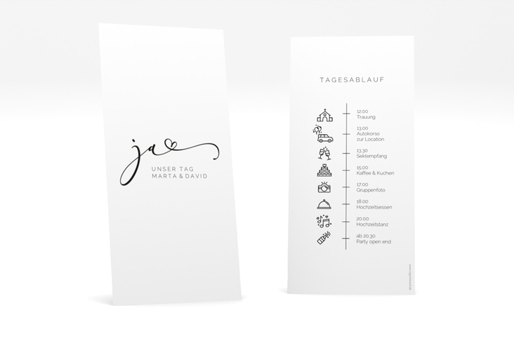 Tagesablauf Hochzeit Jawort lange Karte hoch weiss modern minimalistisch mit veredelter Aufschrift