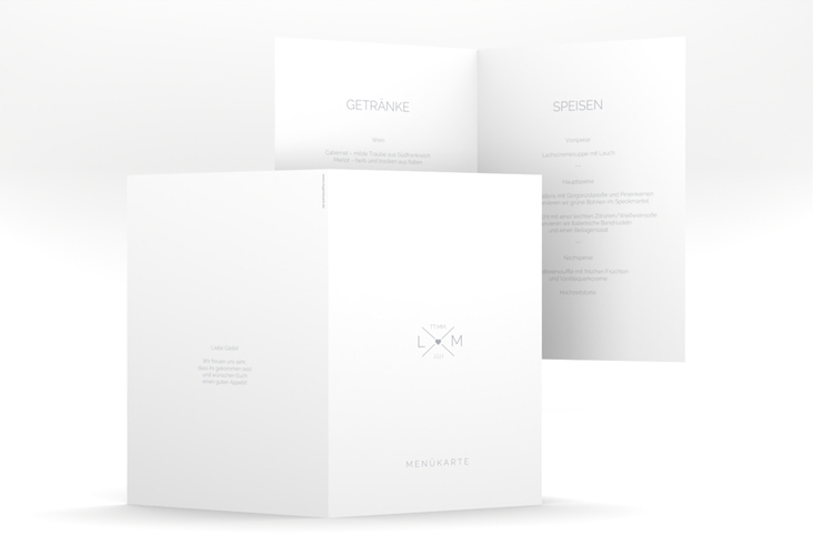 Menükarte Hochzeit Initials A5 Klappkarte hoch grau hochglanz mit Initialen im minimalistischen Design