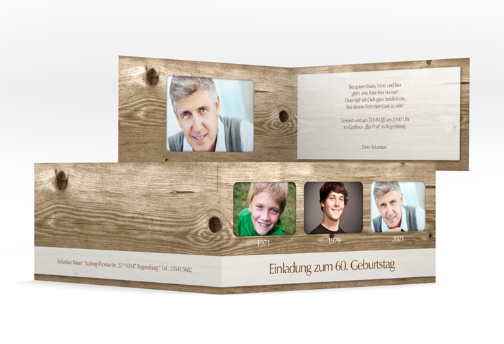 Einladungskarte Michael/Michaela lange Klappkarte quer im rustikalen Holz-Design mit Foto