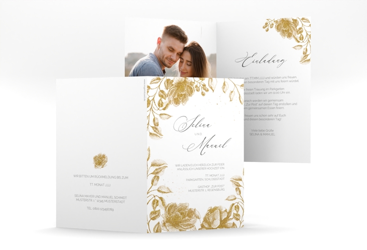 Einladungskarte Hochzeit Blattgold A6 Klappkarte hoch gold
