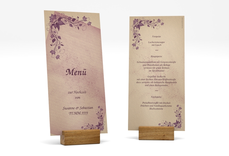 Menükarte Hochzeit Erfurt lange Karte hoch hochglanz mit Weinranken in Violett