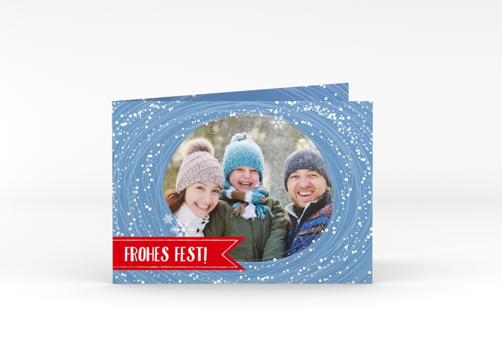 Weihnachtskarte Flockentanz A6 Klappkarte quer blau hochglanz