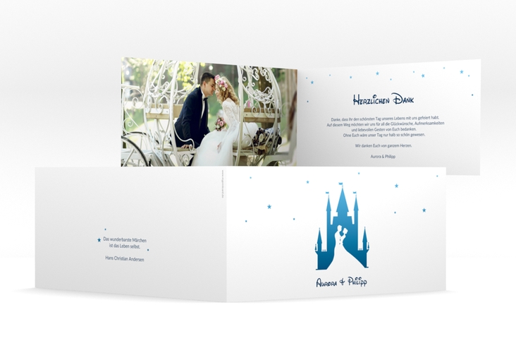 Danksagungskarte Hochzeit Castle lange Klappkarte quer blau hochglanz