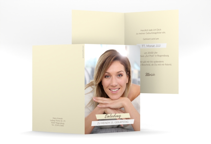 Einladung Geburtstag Happy A6 Klappkarte hoch beige
