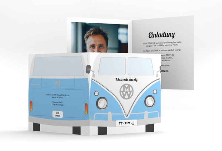 Einladung 40. Geburtstag Bulli Bus quadr. Klappkarte blau