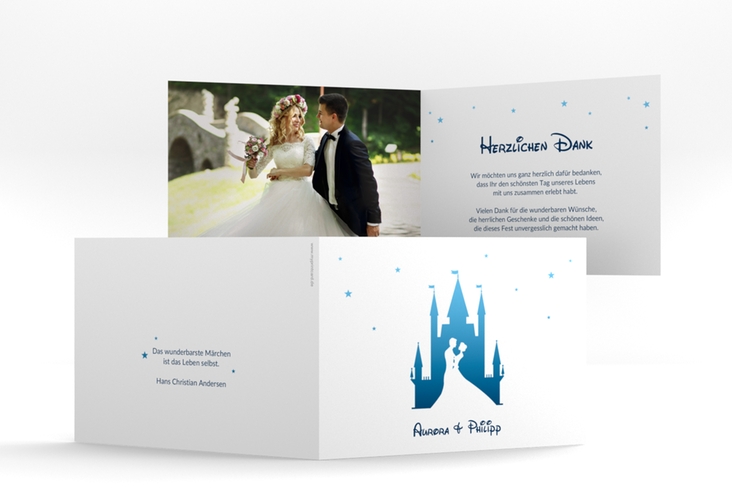 Danksagungskarte Hochzeit Castle A6 Klappkarte quer blau