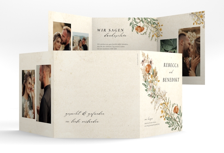 Danksagungskarte Hochzeit Wildfang quadr. Doppel-Klappkarte beige hochglanz mit getrockneten Wiesenblumen