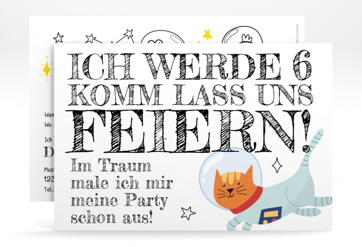 Einladungskarte Kindergeburtstag Welttraum A6 Karte quer mit Weltraum-Katze