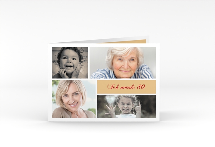 Einladung 80. Geburtstag Bilderserie A6 Klappkarte quer beige mit mehreren Fotos