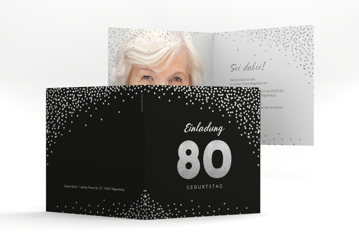 Einladung 80. Geburtstag Glitzer quadr. Klappkarte grau