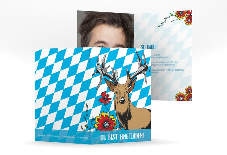 Einladung 40. Geburtstag Platzhirsch A6 Klappkarte hoch blau