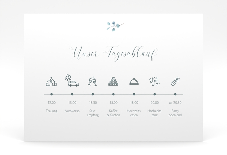 Tagesablauf Poster Hochzeit Greenheart 70 x 50 cm Poster mit elegantem Herz und Eukalyptus-Zweig