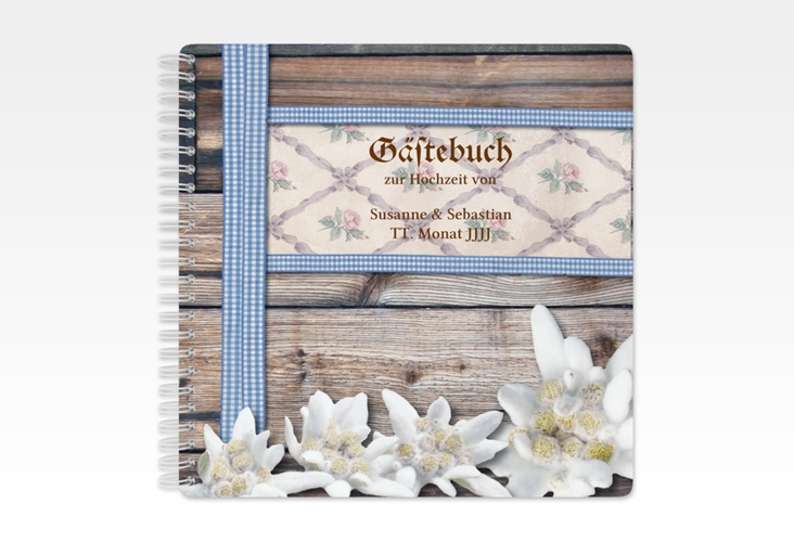 Gästebuch Hochzeit Bayern Ringbindung mit Edelweiß in rustikaler Holz-Optik