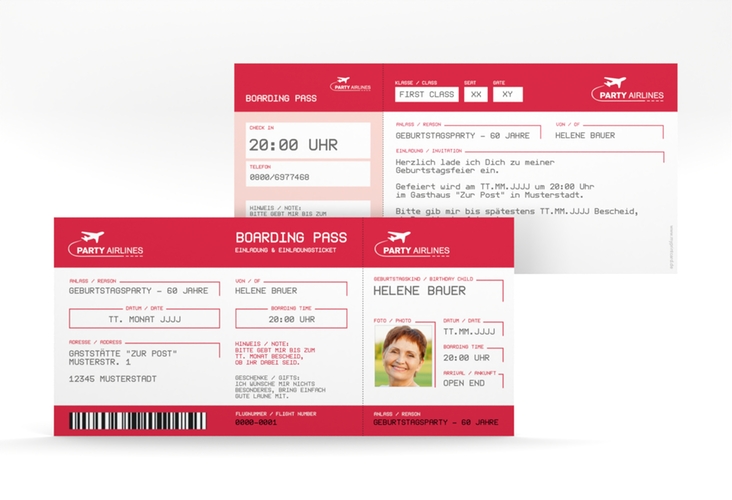 Einladung 60. Geburtstag Boardingpass lange Karte quer rot hochglanz