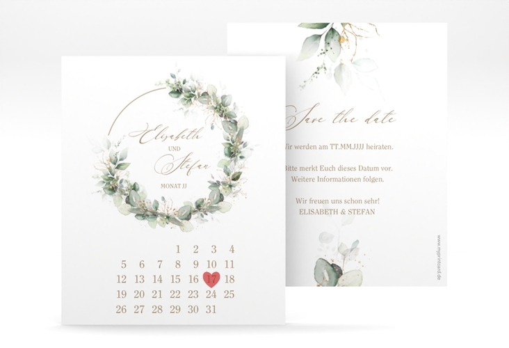 Save the Date-Kalenderblatt Selvatica Kalenderblatt-Karte weiss hochglanz mit Eukalyptus-Kranz