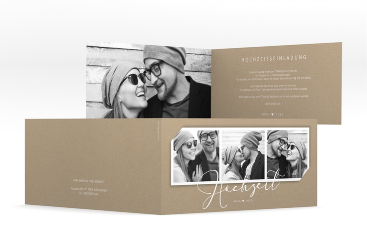 Hochzeitseinladung Crafty lange Klappkarte quer hochglanz mit drei Fotos