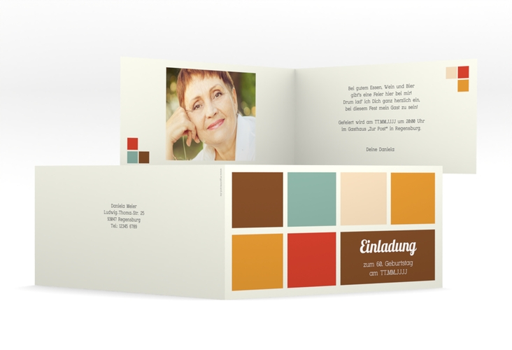 Einladung 60. Geburtstag Daniel/Daniela lange Klappkarte quer in Retro-Farben