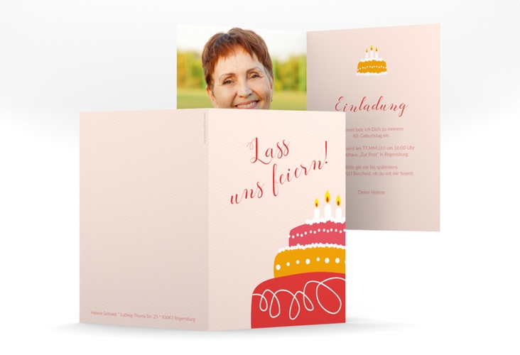 Einladung 60. Geburtstag Cake A6 Klappkarte hoch rot hochglanz