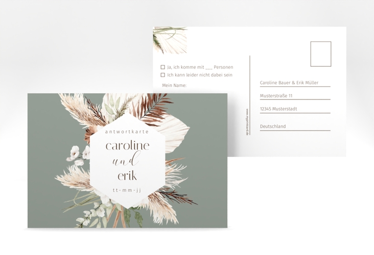 Antwortkarte Hochzeit Bohemian A6 Postkarte gruen hochglanz