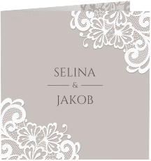 Klick: Details zu Hochzeitseinladung "Vintage" anzeigen Hochzeitseinladung Vintage quadr. Klappkarte grau mit floraler Spitze