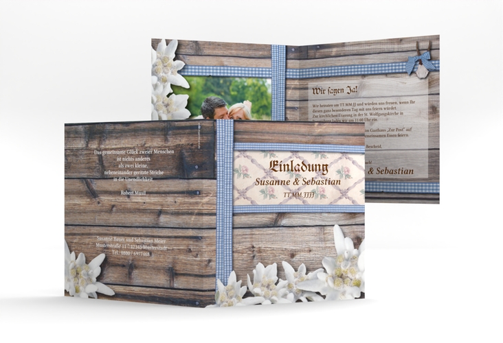Einladungskarte Hochzeit Bayern quadr. Klappkarte blau hochglanz mit Edelweiß in rustikaler Holz-Optik