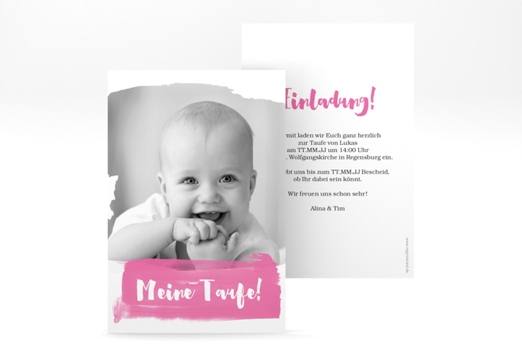 Taufeinladung Watercolor A6 Karte hoch pink hochglanz