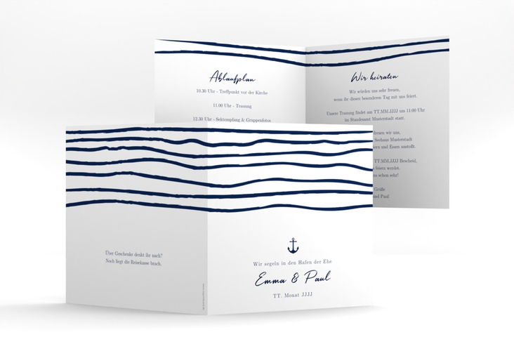 Hochzeitseinladung Liebesanker quadr. Klappkarte mit maritimem Streifenmuster und kleinem Anker