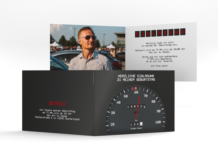 Einladung Geburtstag Tacho A6 Klappkarte quer schwarz