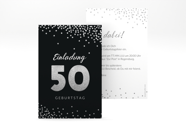 Einladung 50. Geburtstag Glitzer A6 Karte hoch grau