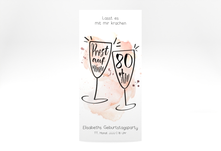 Einladung 80. Geburtstag Sektgläser lange Karte hoch mit zwei Champagner-Gläsern auf Aquarell-Hintergrund