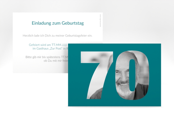 Einladung 70. Geburtstag Numbers A6 Karte quer tuerkis