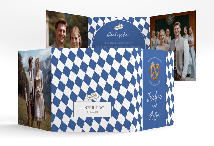 Dankeskarte Hochzeit Bayrisch quadr. Doppel-Klappkarte mit weiß-blauen Rauten und Brezel in Herzform