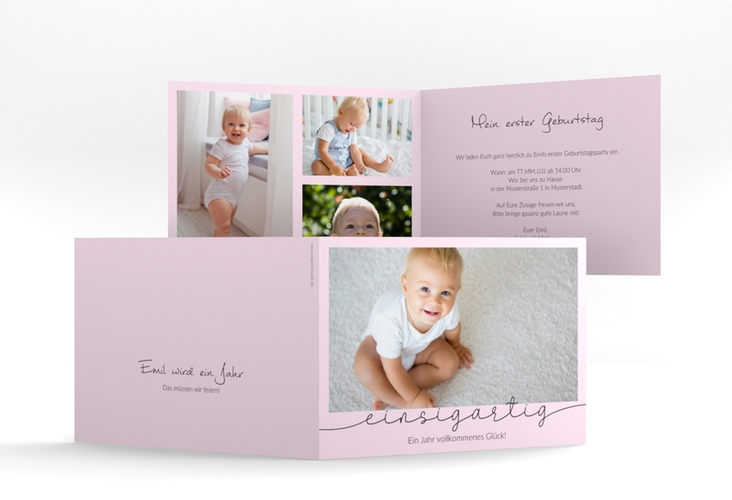 Einladungskarte Kindergeburtstag Einsigartig A6 Klappkarte quer rosa zum 1. Geburtstag mit Kinderfoto