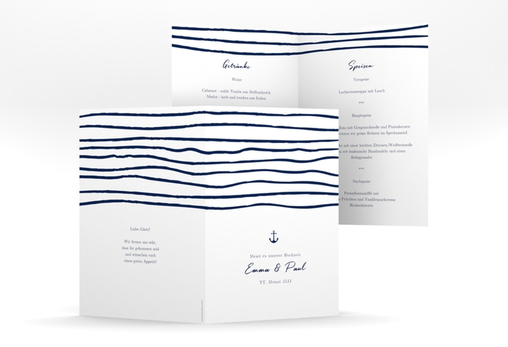 Menükarte Hochzeit Liebesanker A5 Klappkarte hoch blau mit maritimem Streifenmuster und kleinem Anker