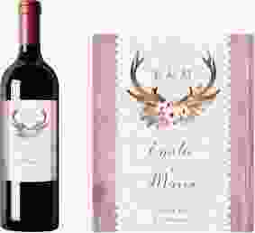 Weinflaschenetikett Hochzeit Heimatjuwel Etikett Weinflasche 4er Set rosa mit Hirschgeweih und Holz-Hintergrund