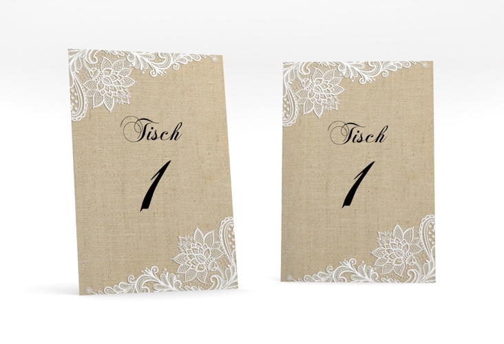Tischnummer Hochzeit Lace Tischaufsteller in Leinen-Optik mit weißer Spitze
