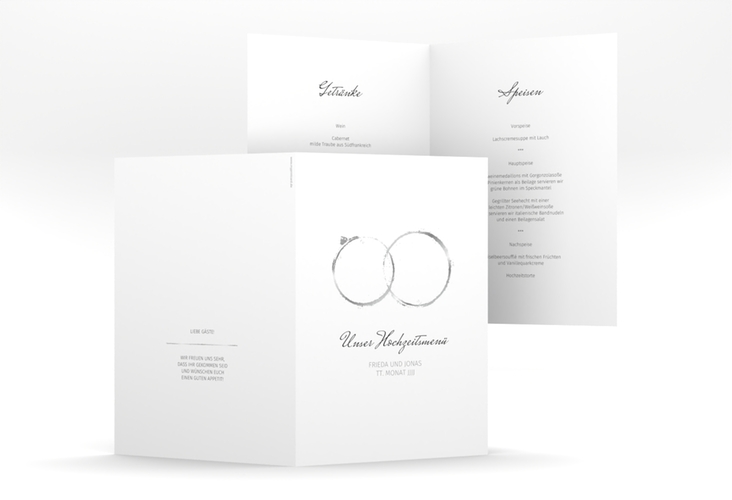 Menükarte Hochzeit Trauringe A5 Klappkarte hoch grau minimalistisch gestaltet mit zwei Eheringen