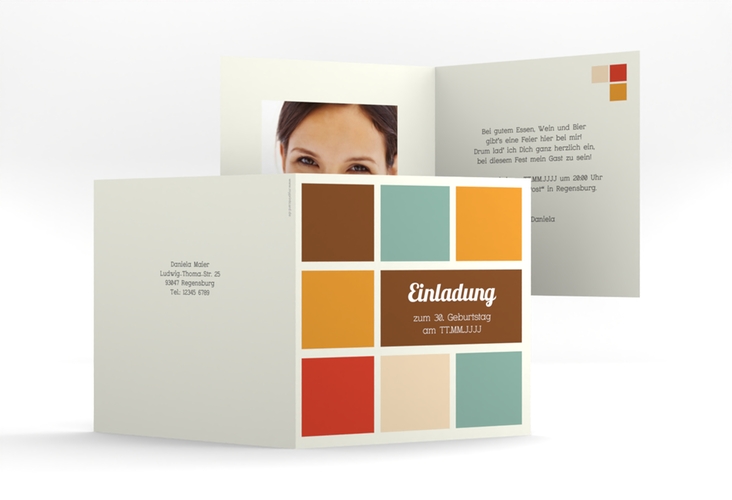 Einladung 30. Geburtstag Daniel/Daniela quadr. Klappkarte braun in Retro-Farben