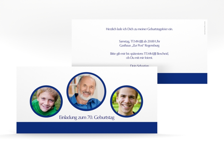 Einladung 70. Geburtstag Anton/Antonia lange Karte quer blau schlicht mit Foto