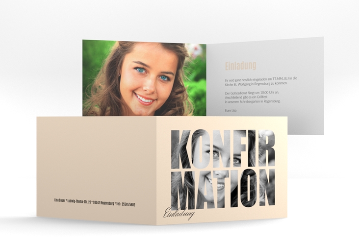 Konfirmationseinladung Inspiration A6 Klappkarte quer beige hochglanz