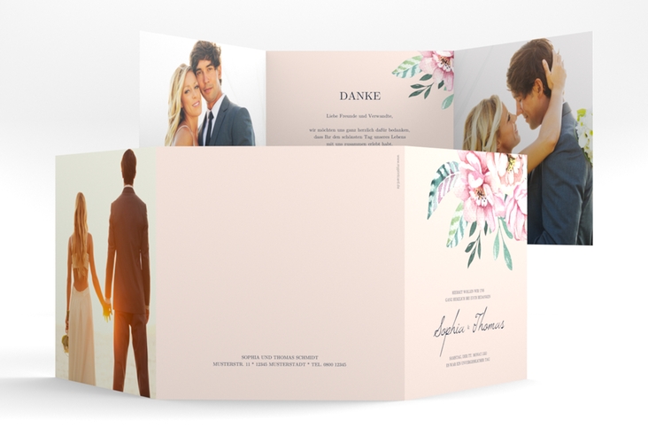 Dankeskarte Hochzeit "Blooming" quadr. Doppel-Klappkarte rosa