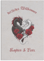 Willkommensschild Leinwand Drachenliebe 50 x 70 cm Leinwand grau mit schwarzem und weißem Drachen zu einem Herz verschlungen