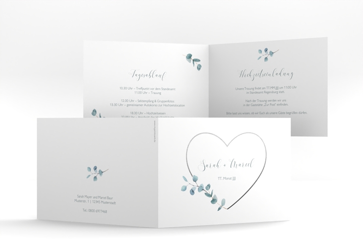 Hochzeitseinladung Greenheart A6 Klappkarte quer grau hochglanz mit elegantem Herz und Eukalyptus-Zweig