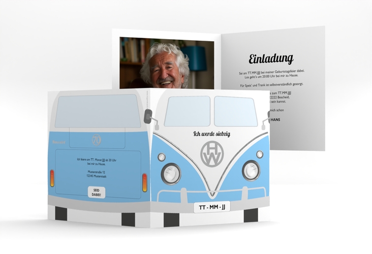 Einladung 70. Geburtstag Bulli Bus quadr. Klappkarte