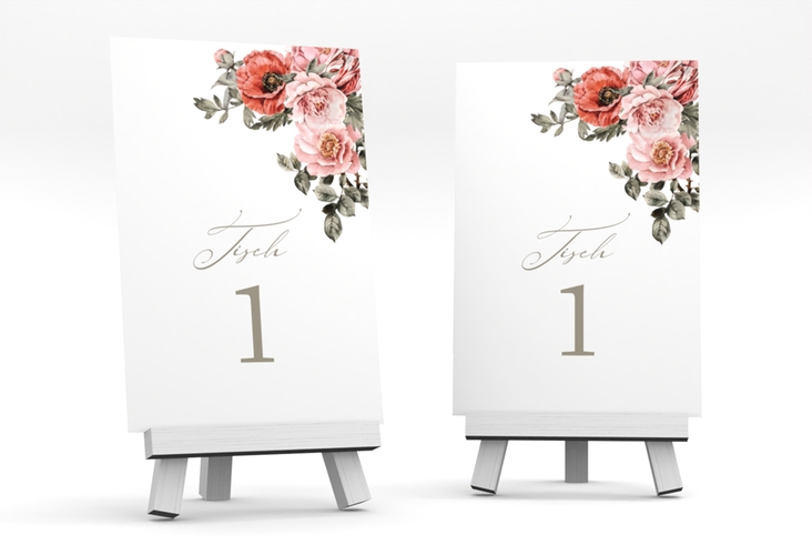 Tischnummer Hochzeit Grazioso Tischaufsteller modern mit Mohnblumen und Rosen