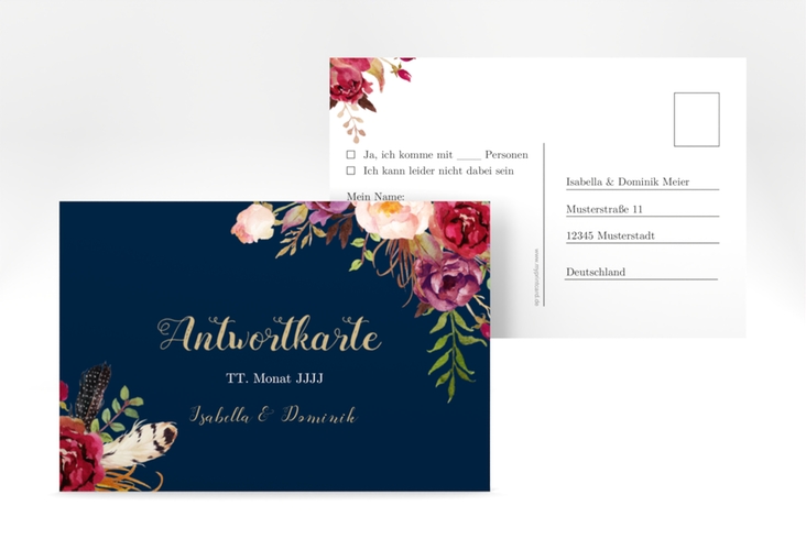 Antwortkarte Hochzeit Flowers A6 Postkarte blau hochglanz mit bunten Aquarell-Blumen