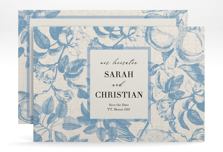 Save the Date-Karte Toile A6 Karte quer blau hochglanz mit Blättermuster im Toile-de-Jouy-Stil